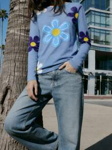 LOVE JOYY Women's Lavender Daisy Print Long Sleeve Casual Soft & Lightweight T-Shirt - Dusty Purple - View 3