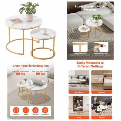 Nesting Tables, Coffee Table Set Of 2, 23.6 Inch Round Coffee Table, Small Coffee Tables Night Stand With Metal Frame, For Living Room, Bedroom, Office (White & Gold)