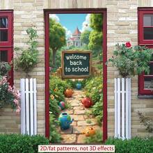 2D 平面门 1 件装 欢迎返校横幅，以一块刻有“欢迎返校”字样的木牌为特色，周围环绕着鲜花、植物、卡通花盆和球形装饰品，背景是绿树、蝴蝶和远处的建筑物。 - 彩色 - 查看 11