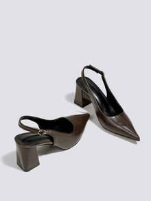 女士棕色粗跟7厘米高跟凉鞋，露趾派对高跟鞋，婚礼正式鞋，无后跟套穿尖头高跟凉鞋 - 棕色 - 查看 4