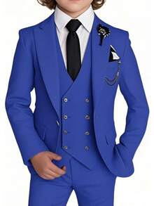 Stylish Boys 4 Piece Slim Fit One Button Formal Suit Set With Tie For Wedding Prom Party - Royal Blue - View 1