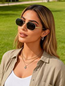 1pc Women Metallic Square Full Frame Classic Cool Delicate Shades Basics Classy Aesthetic Popular Design Fashion Glasses For Street-Photography,Driving,Going Out Outfit,Golf Fashion Accessories - Multicolor - View 5