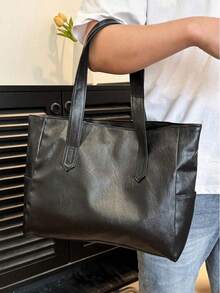 纯色PU皮革男士多功能简约手提包，适合通勤和办公使用，可装笔记本电脑 - 彩色 - 查看 1