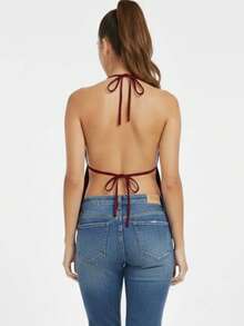 Women's Cropped Halter Top With Straps And Back Tie. Knit Fabric. Open Back. Drawstring. Nightwear. - 紅木色 - 查看 2