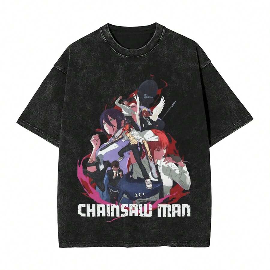 ChainsawsMan Reze Movie Anime Washed T Shirt Streetwear Hip Hop Vintage T-Shirts Tees Men Women Cotton Oversize Summer - 黑色 - 查看 1