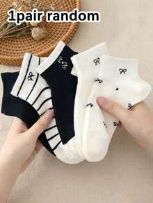 1/5 Pairs Women Cute Breathable Striped Bow Polka Dot Pattern Ankle Socks, Moisture-Wicking, Suitable For Casual Daily Wear, Spring/Summer - Multicolor - View 7