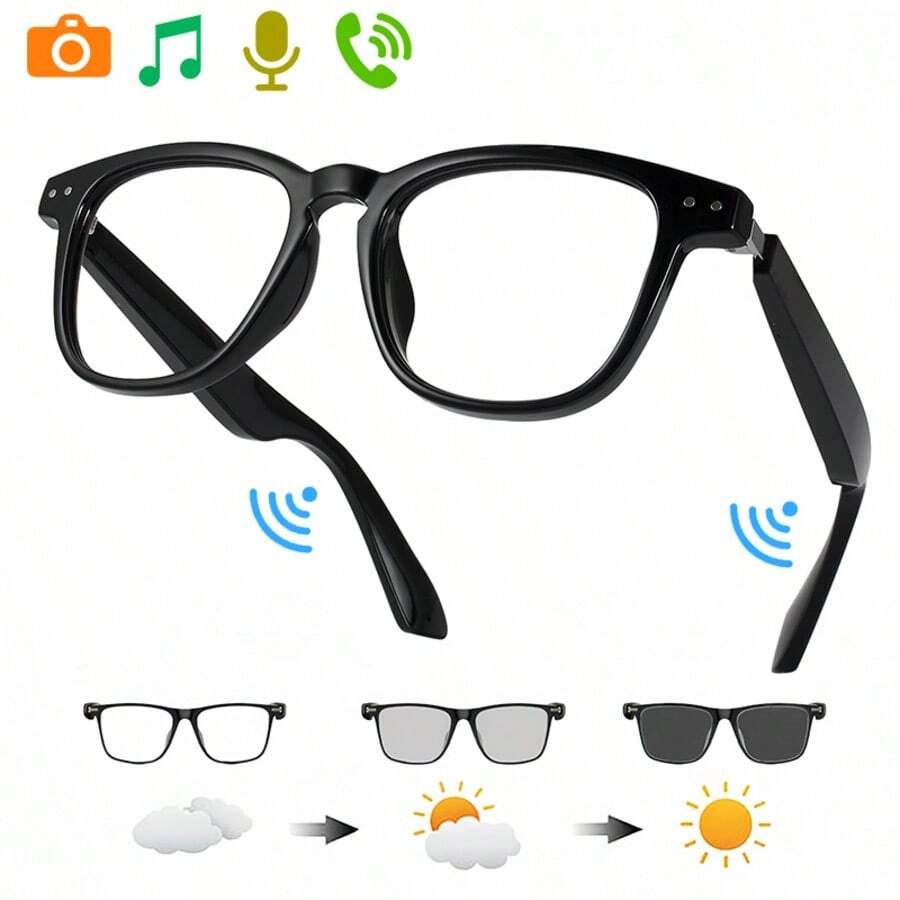 VUB 2026 Wireless Smart Glasses, Auto-Dimming Lenses, Touch Operation, Built-In Microphone, HD Audio, Wireless Connection, Rechargeable Battery, Suitable For Office, Outdoor, Sports, Driving, Music Playback, Hands-Free Calling - Ideal Holiday Gift! - 黑色 - 查看 1