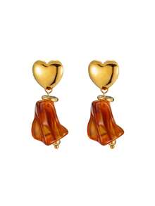 1 Pair 18K Gold Plated 316L Stainless Steel Heart Top With Brown Amber Resin Irregular Drop Dangling Earrings For Women, Old Money Style, Anti - Fade Hypoallergenic Fashion Jewelry Gift - Gold - View 5