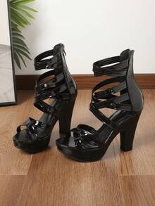 Sandalias romanas de plataforma con tacón grueso y suela gruesa, de moda y con punta abierta, impermeables, para verano 2026, tallas grandes - Negro - Ver 6
