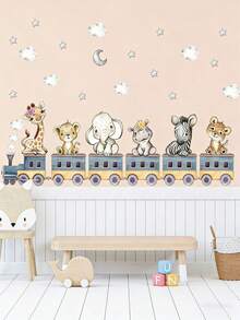 1pc Creative Watercolor Animal Hippopotamus, Zebra, Leopard, Giraffe, Train Pattern Self-Adhesive Wall Sticker, Nursery Decor, Girls/Boys Bedroom, Hallway, Living Room, Balcony Home Wall Decor - Multicolor - View 10