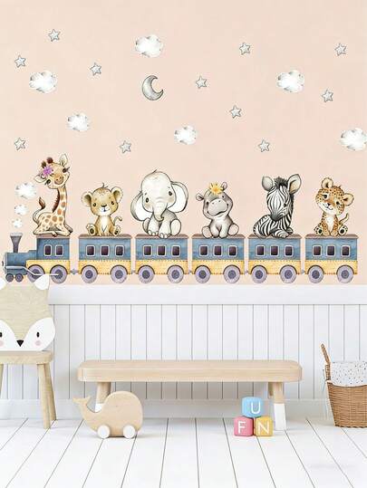 1pc Creative Watercolor Animal Hippopotamus, Zebra, Leopard, Giraffe, Train Pattern Self-Adhesive Wall Sticker, Nursery Decor, Girls/Boys Bedroom, Hallway, Living Room, Balcony Home Wall Decor