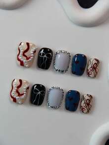 10片手工情人节方形美甲贴纸，亚克力材质，鸭嘴兽、蝴蝶结、爱心图案，可重复使用，优雅美甲装饰，适合日常、派对、婚礼、节日美甲，附赠指甲锉和啫喱。 - 黑色 - 查看 2