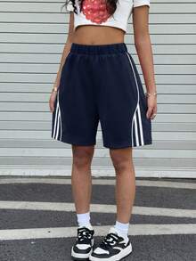 1件女童青少年運動休閒百搭夏季輕量透氣時尚條紋拼接百慕大短褲 - 藏蓝色 - 查看 5