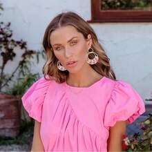 Raffia Hoop Earrings For Women Fun Boho Summer Beach Earrings Lightweight Handmade Straw Wicker Rattan Dangle Earrings Statement Geometric Round Drop Earrings - 彩色圓形 - 查看 3