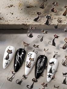 Beautizon Nailartlab Black & White Cat Nail Art Stickers, 3D Glitter Star Pattern Nail Decals, DIY Nail Art Accessories - Multicolor - View 1