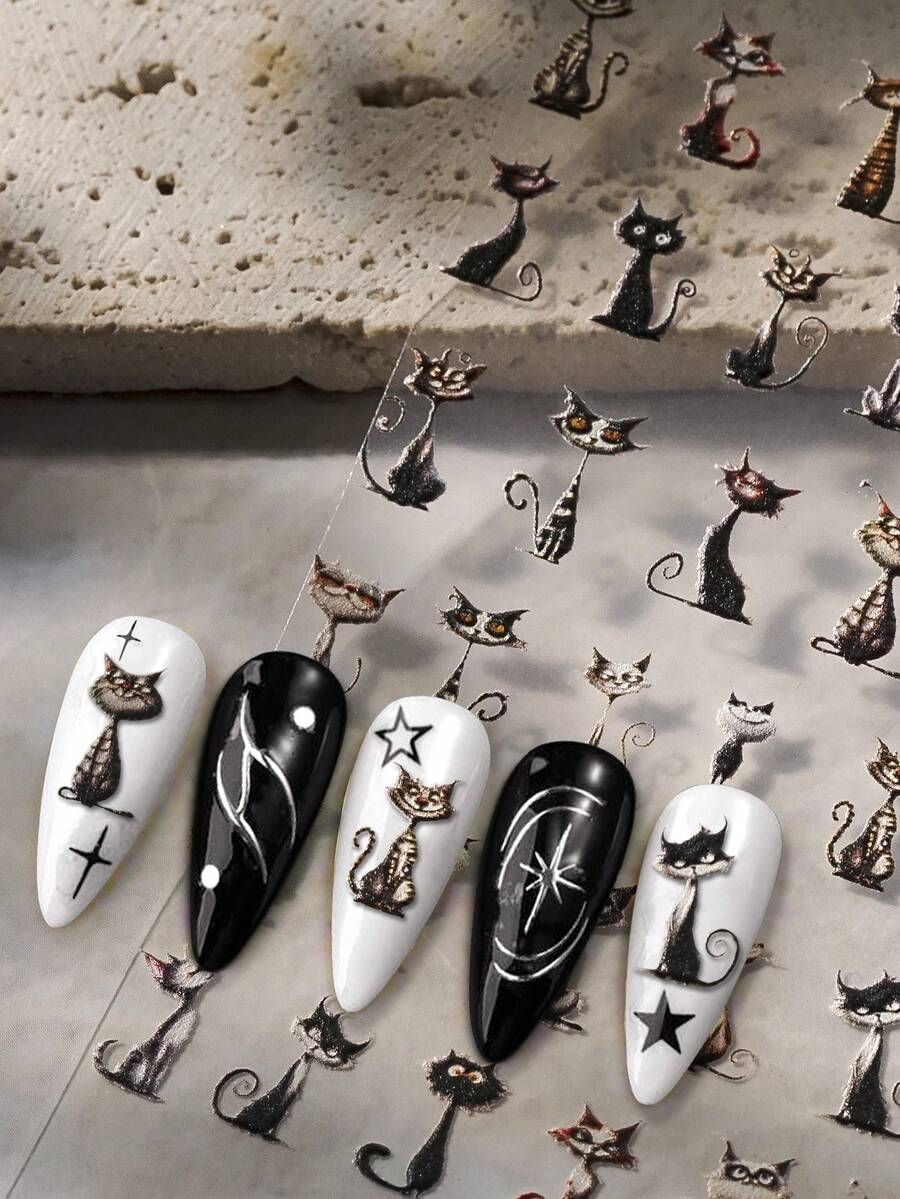 Beautizon Nailartlab Black & White Cat Nail Art Stickers, 3D Glitter Star Pattern Nail Decals, DIY Nail Art Accessories - Multicolor - View 1