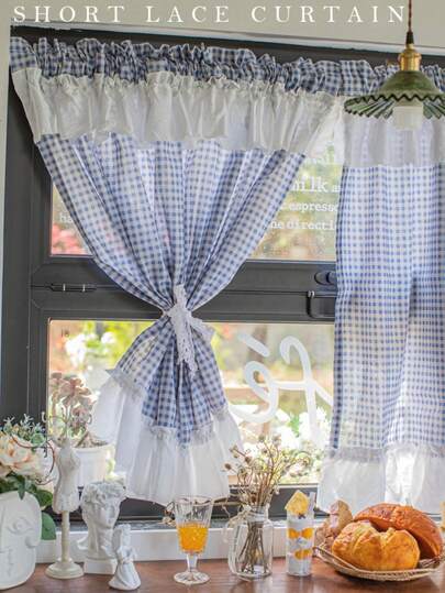 1pc French Ruffled Plaid Korean Style Small Curtain, Pastoral Style Classic Multi-Color Semi-Blackout Bedroom Curtain Partition, Suitable For Daily Decoration And Holidays