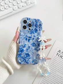 蓝色花卉奶油纹理透明亮面卡通彩绘手机壳，带链条，兼容 14、14 Pro、14 Pro Max、13、13 Pro、13 Pro Max、11、11 Pro Max、12、12 Pro、12 Pro Max、XR、XS、15、15 Pro、15 Pro Max、16、16 Pro、16 Pro Max、17、17 Pro、17 Air、17 Pro Max、Galaxy S24、A04、A12、A13、A14、A23、A24、A32、A33、A51、A52、A53、A54、A72、Redmi 9、Redmi 9A，防震手机保护套 - 彩色 - 查看 3