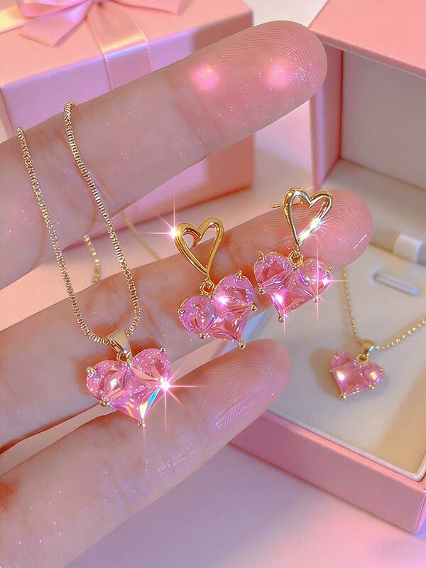 3pcs/Set Elegant Y2K Style Rhinestone Heart Earrings & Necklace 2-In-1 Jewelry Set, Sparkling Bling Bling Accessories For Women, Suitable For Daily Wear, Date, Holiday, Party, Gift For Friends, Family, Valentine's Day, All Season (No Box)