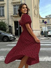 Đầm nữ kẻ caro dáng bohemian thanh lịch tay phồng xếp ly màu đỏ tía mùa xuân/hè 2026, trang phục đi nghỉ mát, trang phục thường ngày, đầm thanh lịch, đầm dự đám cưới, trang phục nghỉ hè, trang phục đi xem hòa nhạc, trang phục đường phố, đầm thanh lịch, trang phục ngày lễ, trang phục Valentine, đầm hè đi nghỉ mát - Màu Đỏ Sâu - Xem 6