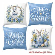 4pcs Spring Easter Minimalist Blue Floral Cute Rabbit & Egg Pillow Cover Set, Single-Sided Printed Peach Velvet Polyester Material, 45*45CM Cushion Cover For Modern Fabric Sofa Indoor Decor, Party Decoration, Gift - Multicolor - View 11