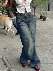 Casual Street Style Loose Fit Distressed Patchwork Pocket Detail Wide Leg Jeans, Autumn - Medium Wash - View 1