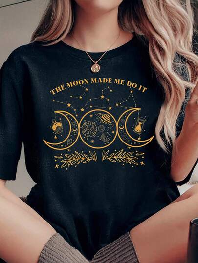 Women's Round Neck Short Sleeve Black T-Shirt With Moon Made Me Do It Graphic Print Knitted Fabric Slight Stretch Regular Length Top