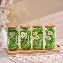 1pc 18.7oz/550ml Glass Cup With Natural Bamboo Lid, Straw, Straw Brush, Personalized Birthday Flower Glass Cup With Name & Birthday Flower, Coffee Mug, Customizable Name Coffee Cup, Suitable For Birthday Gift, Bridesmaid Gift, Wedding Gift, Office, Bachelorette Party, Elegant & Romantic, Great For Mom, Wife, Girlfriend, Christmas, Valentine's Day, Mother's Day And More - Transparent - View 3