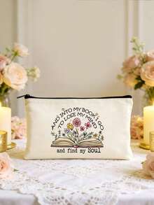 1/5pcs Floral & Book Reading Themed Canvas Zipper Storage Bags Set, Creative "You're Awesome" Motivational Gift, Suitable For Back To School, Graduation, Travel, Birthday, Anniversary, Teacher's Day, Appreciation Gifts For Classmates, Friends, Students And Teachers Makeup Bag - Beige - View 21