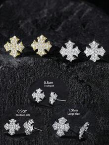 1 Pair/2pcs Punk Style Rhinestone Shield Stud Earrings, Geometric Cubic Zirconia Copper Plated, Unisex Fashion Earrings For Daily Wear And Parties, Suitable As Valentine's Day Or New Year Gift - Multicolor - View 2