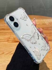 Silver Butterfly Luxury Shockproof Transparent Protective Case Compatible With IPhone 17/17Pro/17ProMax/16/16ProMax/16Plus/16Pro/15/15ProMax/15Plus/15Pro, Women/Girls Phone Case, Cute Phone Case - Clear - View 1
