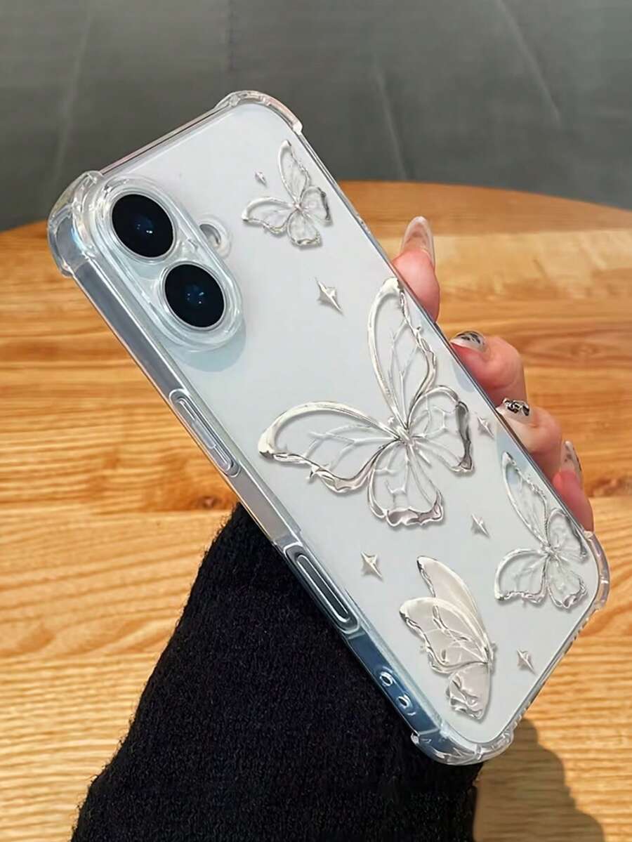 Silver Butterfly Luxury Shockproof Transparent Protective Case Compatible With IPhone 17/17Pro/17ProMax/16/16ProMax/16Plus/16Pro/15/15ProMax/15Plus/15Pro, Women/Girls Phone Case, Cute Phone Case - Clear - View 1