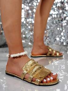 Sandales plates décontracté à franges et rivets pour femmes, mules multifonctionnelles, sandales d'été à bout rond antidérapantes pour la plage et l'extérieur - Doré - Voir 5