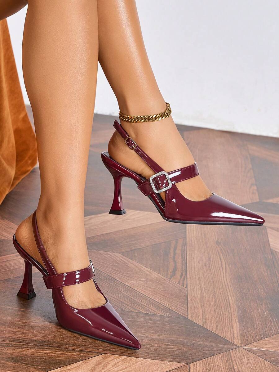 2026 New Non-Fatiguing Red Sole Cloth Women's High Heel Pumps, Thin Heel, Pointed Toe, Asymmetric Heel, Elastic Back Closed Toe Sandals - Burgundy - View 1