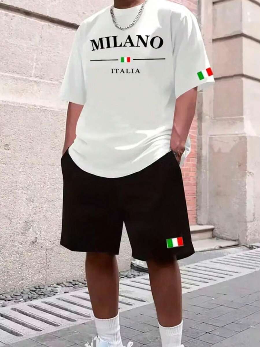 Men's Set: T-Shirt, Shirt, Italy Milano 100% Cotton, Sweat Shorts With Pocket, Gym, Casual, Workout - 白色/黑色短褲 - 查看 1