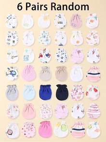 6双婴儿防抓手套，颜色随机，图案包括星星、大象、卡车和小熊。柔软亲肤，四季皆宜。新生儿适用。 - 彩色 - 查看 6