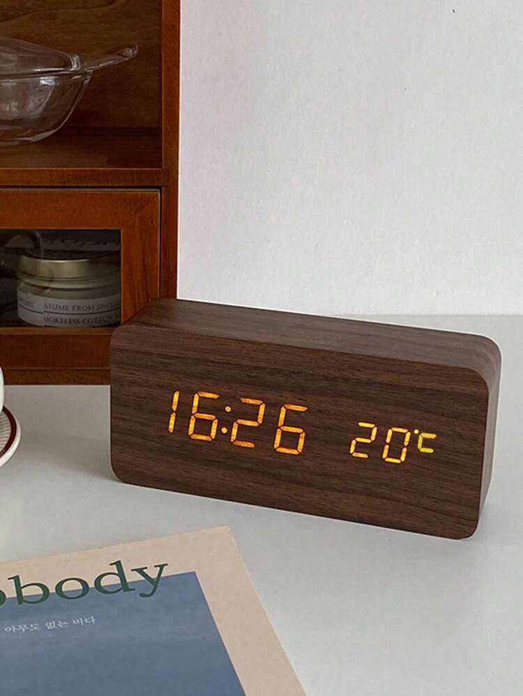 Sveglia in legno, sveglia intelligente, orologio da comodino, sveglia elettronica digitale in legno con display a LED della temperatura, controllo dei suoni per la camera da letto o l'ufficio(Nero