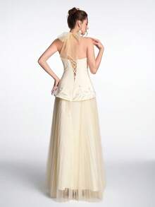 Anymoon Fairy 奢华甜美性感露背薄纱蝴蝶结立体缎面3D蕾丝串珠镂空系带后背褶皱薄纱舞会礼服，适合婚礼招待会、订婚派对、毕业舞会、公司晚宴、斋月庆祝活动 - 黃色 - 查看 2