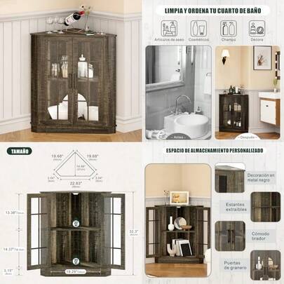 asfdVlskra Mueble de Esquina para Sala Vitrina Esquinero de Madera con Luz Armario Esquina con Puerta con Estacion de Carga para Recamara Cocina Comedor Madera Oscuraws