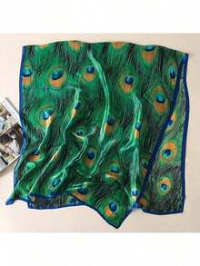 1pc Fashion Chiffon Scarf With Peacock Feather Print, Soft And Warm Neck Gaiter For Spring/Summer - Multicolor - View 6