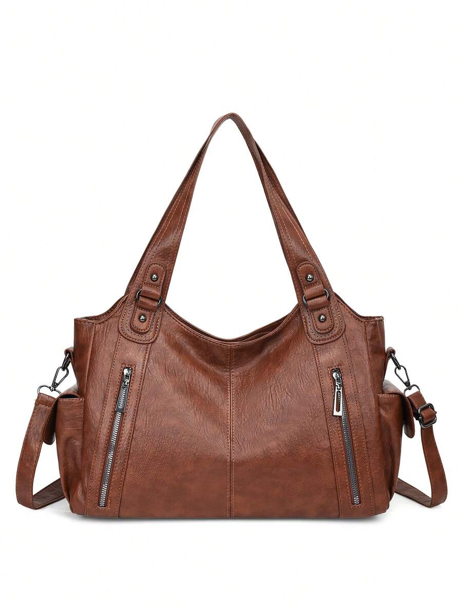 防水商务休闲PU手提包，多口袋设计，带隔层，多功能单肩斜挎包，适合年轻女孩、女大学生、白领和职场新人，完美适用于工作、商务通勤、购物、户外旅行和上学，大容量女包 - 棕色 - 查看 1