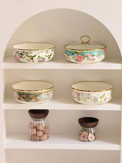 SummitPulse 1pc Vintage Floral Enamel Shallow Pot, Suitable For All Seasons, With Gold-Rimmed Double Handles/Handleless Design, Multifunctional Cookware For Home And Commercial Use (Can Be Used As Soup Pot, Stew Pot, Instant Noodle Pot), Ideal For Holiday Gatherings, Family Dinners, And A Great Gift For Friends And Family On Holidays Or Birthdays.