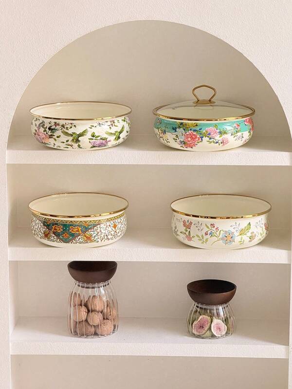 SummitPulse 1pc Vintage Floral Enamel Shallow Pot, Suitable For All Seasons, With Gold-Rimmed Double Handles/Handleless Design, Multifunctional Cookware For Home And Commercial Use (Can Be Used As Soup Pot, Stew Pot, Instant Noodle Pot), Ideal For Holiday Gatherings, Family Dinners, And A Great Gift For Friends And Family On Holidays Or Birthdays.