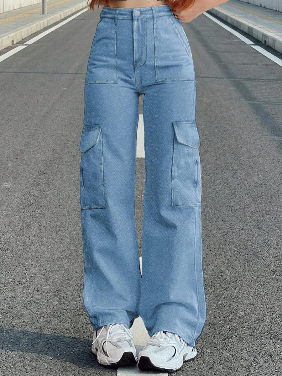 Y2K风格女式纯色直筒宽松休闲工装裤，春夏度假休闲裤，返校季长裤 - 中藍 - 查看 1