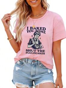 Women's Vintage Graphic Print T-Shirt, Versatile For Spring/Summer, Printed Tee, Vacation, Music Festival Casual Pink - Pink - View 9
