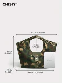 Unique Camouflage Green Large Tote Bag, High Capacity Handbag With PU Patchwork Camo, Fashionable And Casual, Suitable For Commuting, Outing, And School - 綠棕色迷彩 - 查看 2