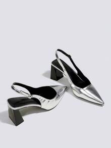 女士7厘米厚跟高跟鞋，露趾派对婚礼正式鞋，套脚尖头高跟凉鞋 - 銀色 - 查看 4