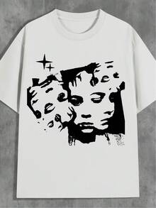 1 Pcs Y2K  Brand Cool Sexy Charming Expression Multi-Faceted Portrait Print Versatile  Casual Fashion Top Round Neck Short Sleeve T-Shirt - trắng - Xem 2