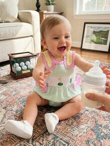 Newborn Infant Baby Girl Golf Outfit Smocked Bubble Romper Ruffle Sleeveless Bow Bodysuit Cute Summer Clothes - màu xanh lá - Xem 8