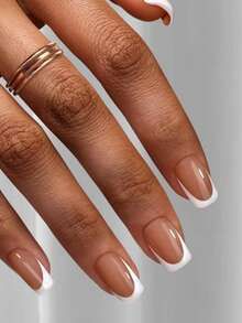 160 piezas de pegatinas de uñas cuadradas cortas, puntas de uñas de gel suaves francesas en marrón/blanco, adecuadas para uñas postizas DIY, minimalistas y versátiles, 16 tamaños, para suministros de uñas de mujer - Marrón - Ver 5